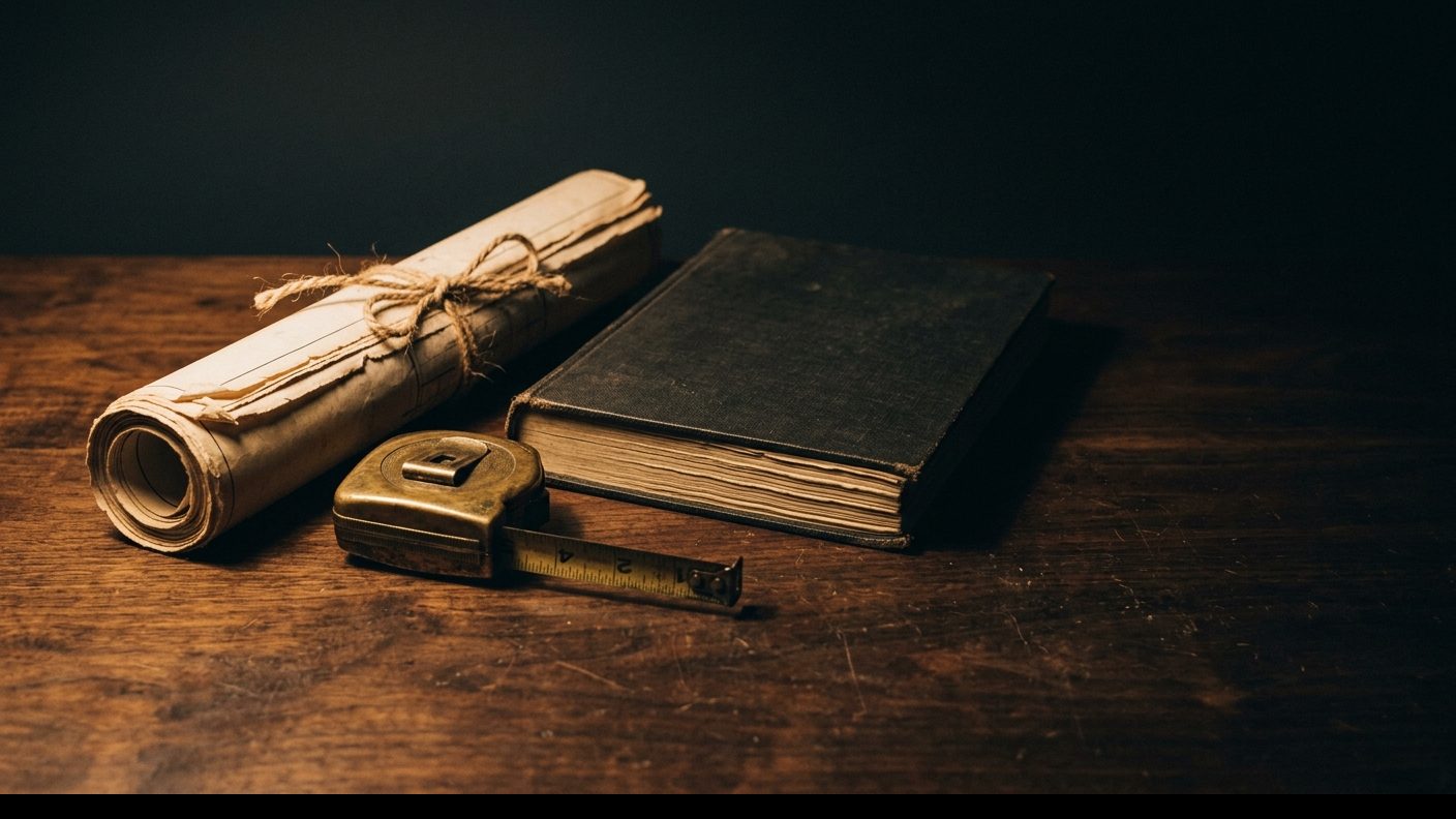 A rolled set of blueprints tied with twine, a brass measuring tape, and a closed hardbound job ledger on a dark walnut desk